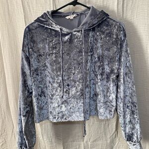 Gray crushed velvet Crop Hoodie with Long Sleeves and Relaxed Fit